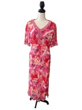 Pink Floral Ruffled Neckline Maxi Dress Shear Overlay Wedding Guest Fairycore M